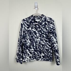 Escada White Blue Print Denim Jacket Silver Crackle Button Size 38 EUC